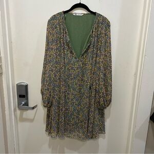 Zara Green & Yellow Floral V-Neck Long Sleeve Mini Dress Size Large